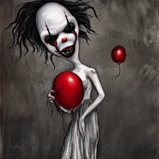 Image similar to grunge painting of creepy pasta with a wide smile and a red balloon by chris leib, loony toons style, pennywise style, corpse bride style, horror theme, detailed, elegant, intricate, conceptual, volumetric light