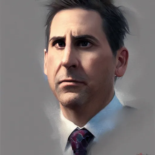 Image similar to hyper realistic, portrait of michael scott, ethnicity : japanese, epicanthal fold, painted by greg rutkowski, wlop, loish,