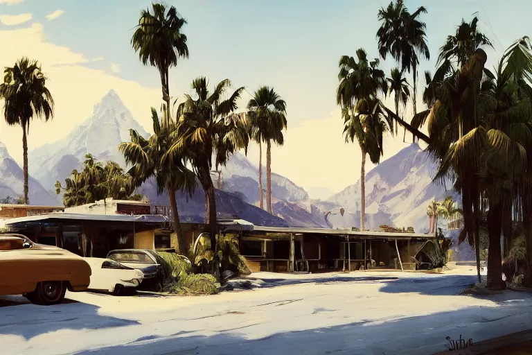 Image similar to natural american landscape | abandoned motel | palm trees | snowy mountains, painting by syd mead and weta studio and james jean, frank frazetta, highly detailed, rule of third, soft lighting, 8 k resolution, oil on canvas, architectural magazine, beautiful detailed, insanely intricate details, artstation trending, hypermaximalistic, high details, cinematic