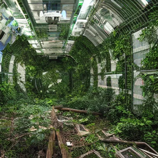 Image similar to abandoned, overgrown, space station jungle room with trees.