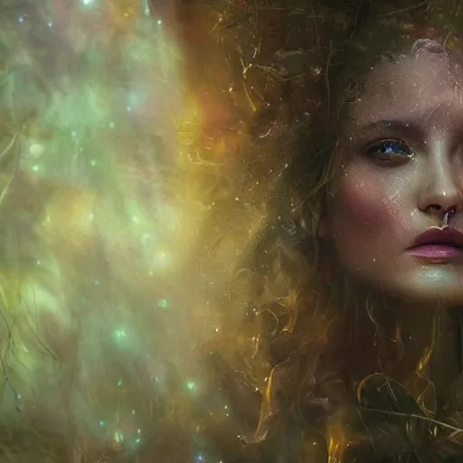 Image similar to goddess of the universe. fantasy. ultra realistic portrait of the women. wrapped in wet silk. melted wax. magical. high fantasy. forest. volumetric lighting. nature. haze. epic. cinema.