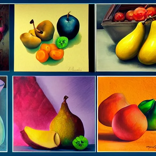 Prompt: Non-existent fantasy style fruit, fantastic colors, still life drawings.