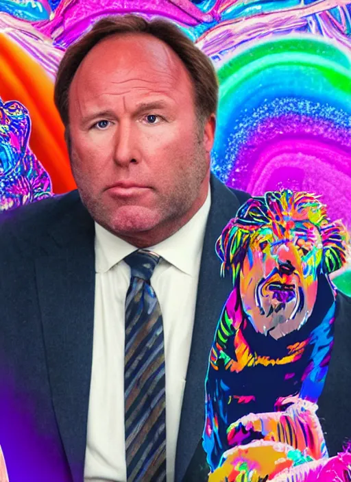 Prompt: disheveled alex jones on the stand in court by lisa frank, realistic, 8k