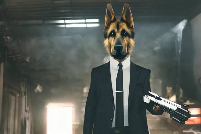 Prompt: film still of furry anthro anthropomorphic german shepard head animal person fursona wearing clothes a suit and tie standing holding a gun in a garage in an action movie posing for the camera 2020, 4k