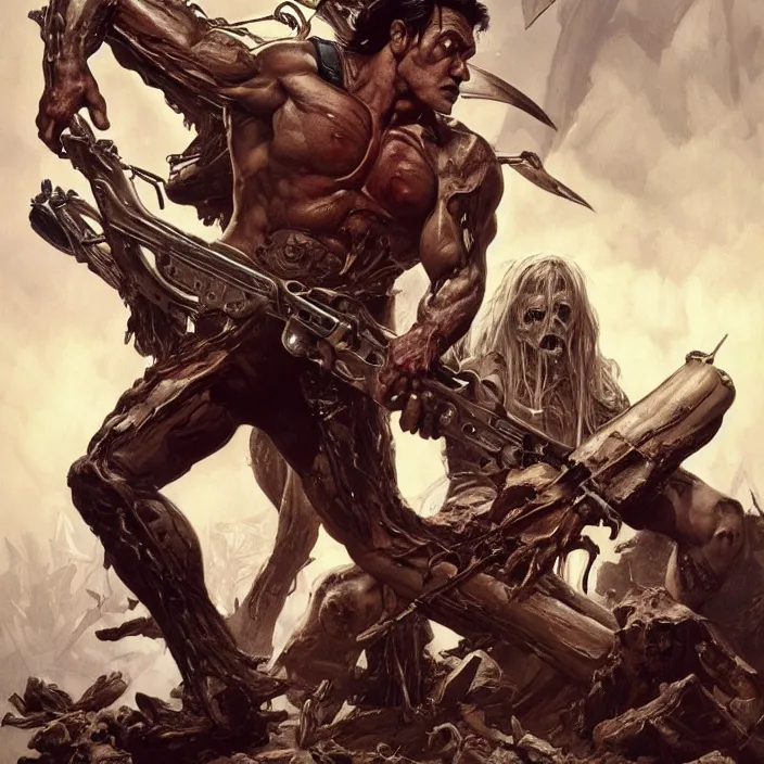 Image similar to The evil dead, manowar album cover, Muscular man, chainsaw attached to hand, short double barrel shotgun. dead demons, blood, artstation, concept art, smooth, sharp focus, highly detailed, illustration, art by artgerm and greg rutkowski and alphonse mucha