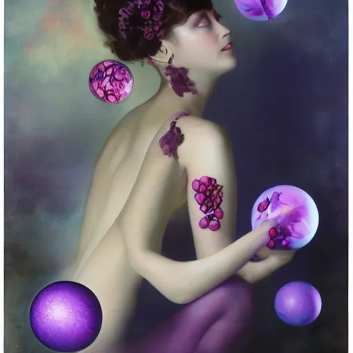 Image similar to a girl with three eyes : : on 5 translucent luminous spheres, full of floral and berry fillings, in an ocean of lavender color by rolf armstrong, monia merlo