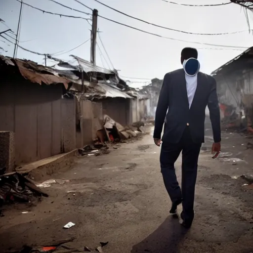 Prompt: photo of a man in a suit wearing a latex mask of a shoebill stork, at a favela, walking away from explosion, dramatic lighting