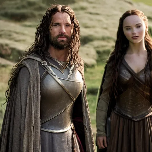Image similar to first photos of 2 0 2 4 female lotr remake show 3 starts - jennifer lawrence as aragorn, megan fox as aragorn and florence pugh as gimli, ( eos 5 ds r, iso 1 0 0, f / 8, 1 / 1 2 5, 8 4 mm, postprocessed, 4 k )