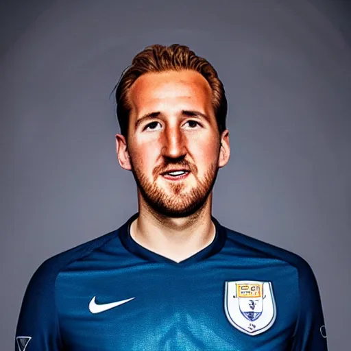 Prompt: a photograph of Harry Kane wearing a Manchester City jersey, black background, studio lighting