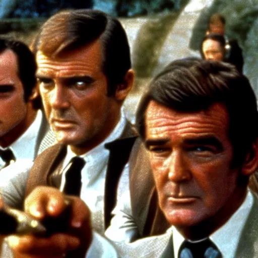 Prompt: battle royale between sean connery, roger moore, timothy dalton, george lazenby, pierce brosnan, and daniel craig