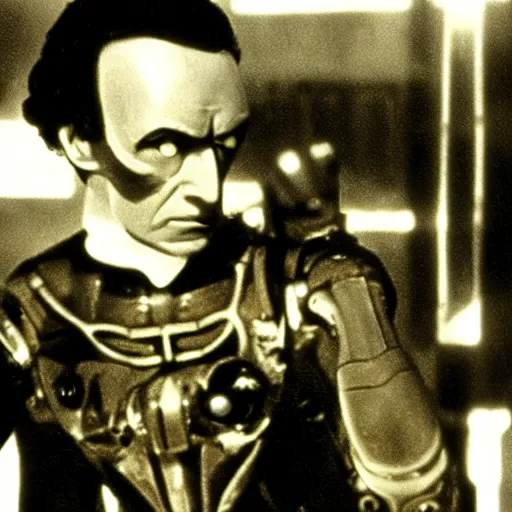 Prompt: movie still of a villain cyborg, facial expression, cinematic composition, cinematic light, by edgar allan poe and issac asimov