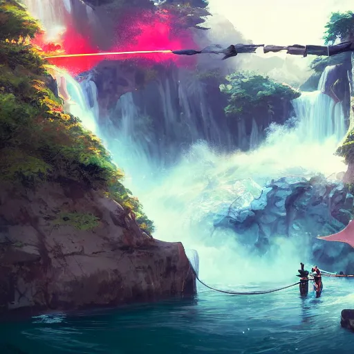 Prompt: two pirates having a sword duel in a rope bridge in front of a large waterfall, digital art, cinematic, vivid colors, elegant, very beautiful, epic, greg rutkowski, atey ghailan, trending on art station
