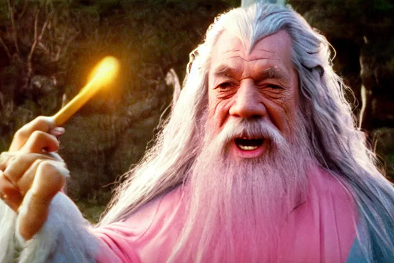 Prompt: portrait of Gandalf wearing pink Hello kitty costume, laughing, sunrise, movie still from Lord of the Rings, cinematic