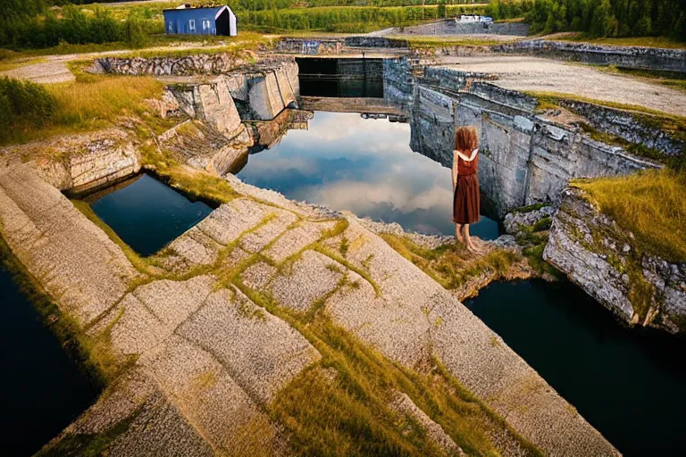 Image similar to an abandoned water - filled lime quarry. the water filled quarry is located in oland, sweden. golden hour, portrait, dslr, 3 5 mm, wide angle, the happiest childhood summer memories, magical realism photograph by erik johansson