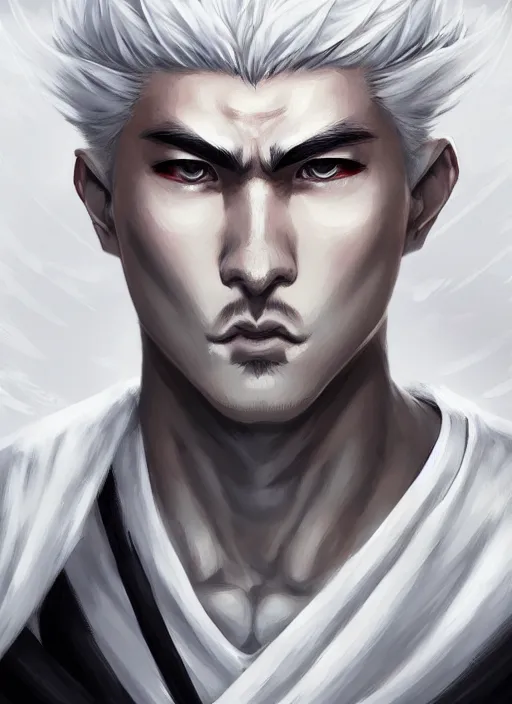 Image similar to a highly detailed illustration of fierce white haired attractive young japanese man wearing white hakama, black eyes, dramatic serious pose, muscular, intricate, elegant, highly detailed, centered, digital painting, artstation, concept art, smooth, sharp focus, league of legends concept art, wlop