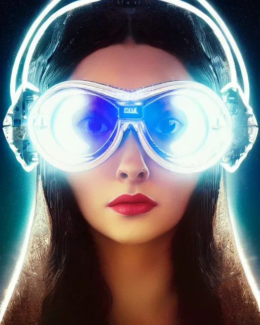 Prompt: centered portrait of soulful young elizabeth taylor as a solarpunk mecha humanoid robotic parts wearing crystal goggles with bright led lights, real human face, pudica gesture bouguereau style, in white room, ultra - realistic and intricate, soft portrait shot 8 k