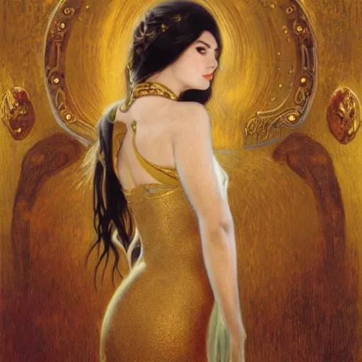 Image similar to portrait of a smiling, beautiful, pale skin eastern european female with long black hair, dark brown eyes, elegant clothing, photorealistic, highly detailed, artstation, smooth, sharp focus, gold ornaments, neon lighting, sci - fi, art by gustav klimt, artgerm, greg rutkowski and alphonse mucha