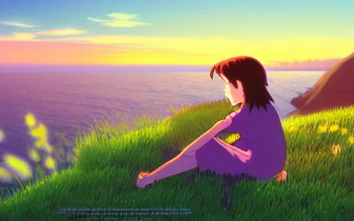 Prompt: a girl sitting on a grassy cliff watching a purple sunset, wide shot, from behind, art by hayao miyazaki, studio ghibli film, hi res, 4k