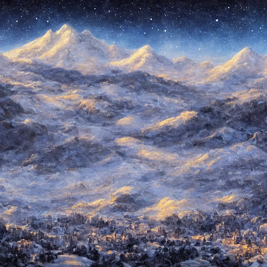 Prompt: Snowy mountaintop landscape with a city in a valley below the night sky, detailed, photorealistic