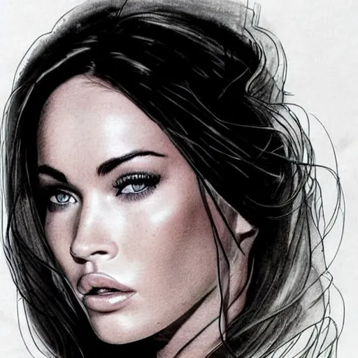 Image similar to realism tattoo sketch of double exposure of the face of megan fox, on beautiful mountain scenery, in the style of andrey lukovnikov