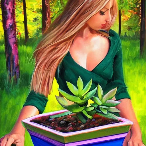 Image similar to painting by Artgerm of a beautiful blonde woman with shoulder length hair in a forest green dress putting colorful succulents into rainbow pots at a square table