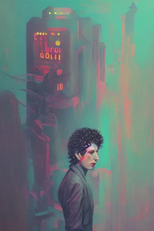 Image similar to goblin, painted by Danny Flynn and Kevin Wasden,trending on artstation, simple lighting camera view from above,Eraserhead ,vaporwave ,60s kitsch and psychedelia ,oil and canvas ,Blade Runner 2049 ,