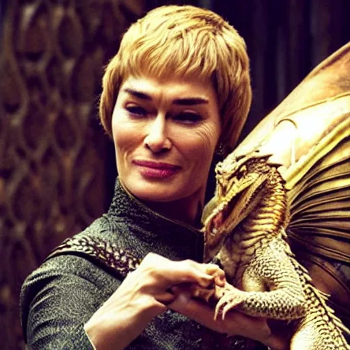 Image similar to “Cersei Lannister, petting her dragon”