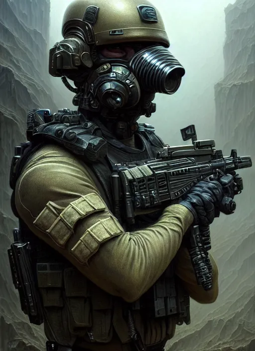 Prompt: closeup portrait shot of a swat team soldier in a scenic dystopian environment, intricate, elegant, highly detailed, centered, digital painting, artstation, concept art, smooth, sharp focus, illustration, artgerm, tomasz alen kopera, peter mohrbacher, donato giancola, joseph christian leyendecker, wlop, boris vallejo