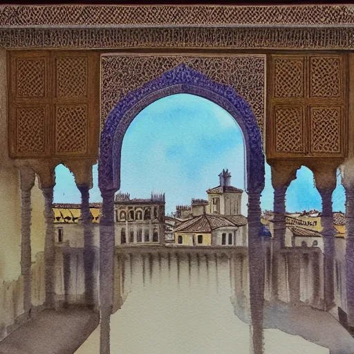 Prompt: alhambra, from granada, at sunset, watercolour with detail
