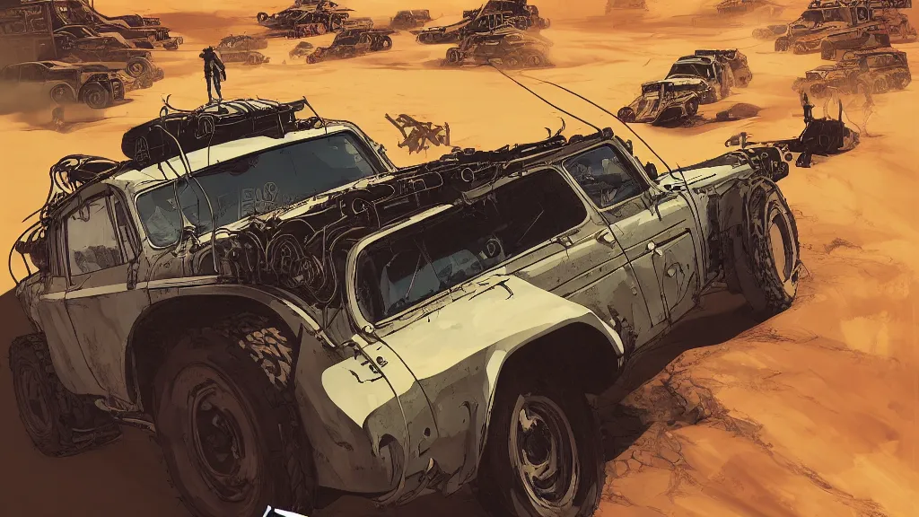 Prompt: digital illustration of mad max's fj 4 0 pursuit special riding fury road eternal shiny and chrome, world of fire and blood, the last v 8 interceptor driving down to the gates of valhalla highway, anime style, year 2 0 9 3, by makoto shinkai, ilya kuvshinov, lois van baarle, rossdraws, basquiat