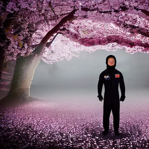 Prompt: photograph of an astronaut wearing a black suit in the middle of a cherry blossom eden, foggy, atmospheric