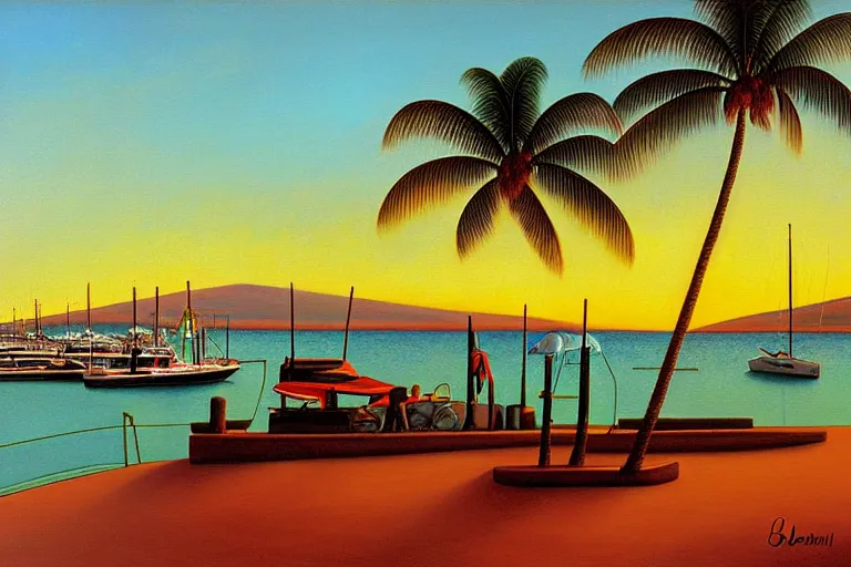 Prompt: Lahaina Maui harbor, sunset with palms, by Botero, oil painting