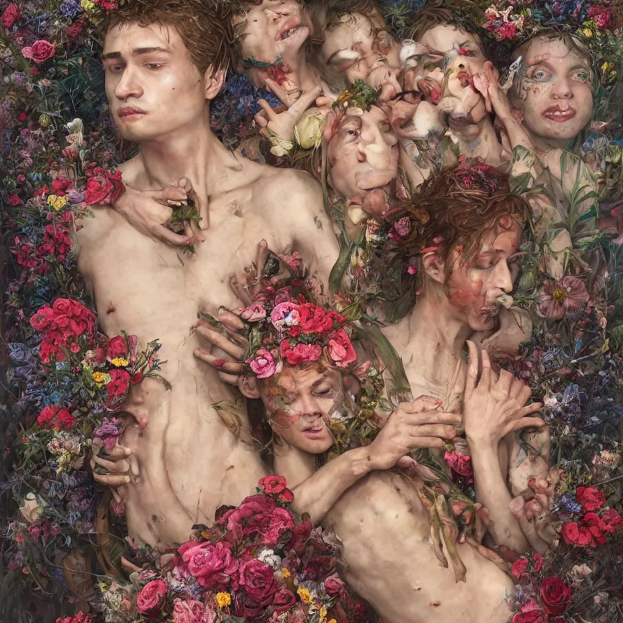 Image similar to male portrait of anorexic family eating rotten flesh and puking blood wearing a thong, surrounded by flowers by karol bak, james jean, tom bagshaw, rococo, trending on artstation, cinematic lighting, hyper realism, dramatic, emotional, octane render, 8 k, hyper detailed.