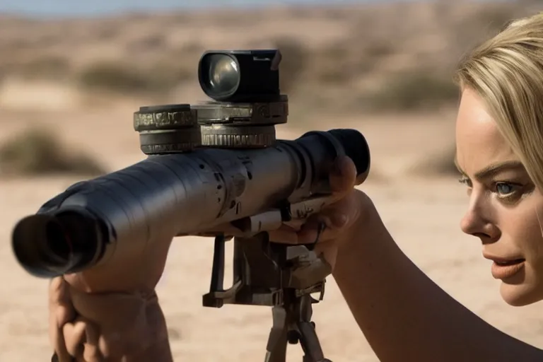 Image similar to margot robbie in the american sniper, closeup action shot, looking into the scope, cinematic