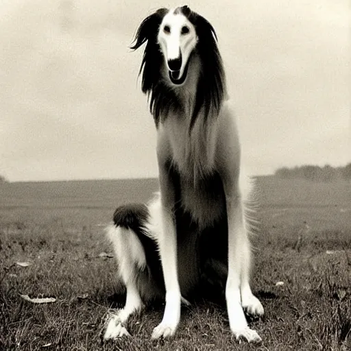 Image similar to old creepy lost photograph of grinning borzoi dog