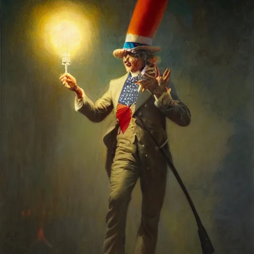 Image similar to uncle sam as a clown, radiant light, caustics, heroic, bright iridescent light, by gaston bussiere, bayard wu, greg rutkowski, maxim verehin