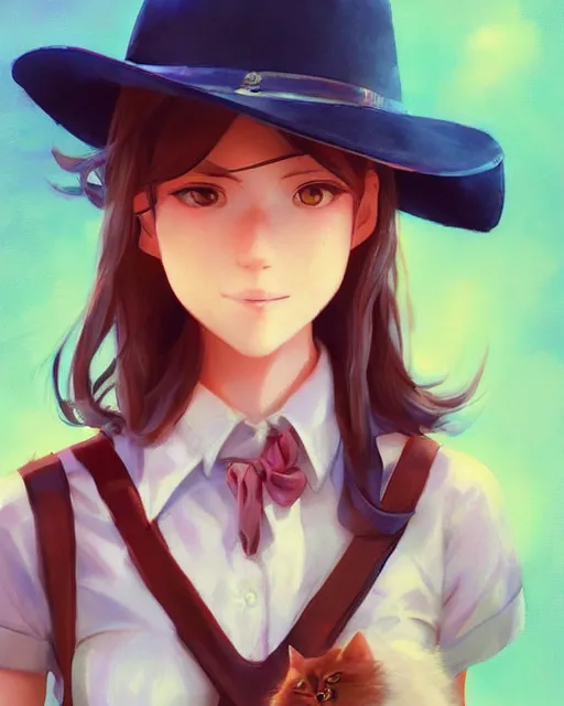 Image similar to a very cute cowgirl wearing a cat hat, medium shot, ambient lighting, visible and detailed face, by makoto shinkai, stanley artgerm lau, wlop, rossdraws