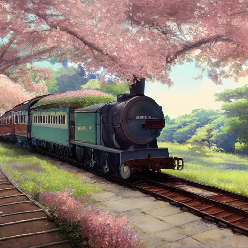 Image similar to concept art painting of a historic transverse view of a steam train, the train carries a cherry tree in flower, realistic, detailed, cel shaded, in the style of makoto shinkai and greg rutkowski and james gurney