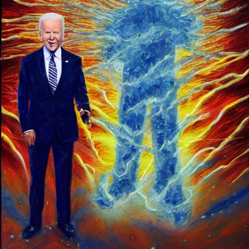 Image similar to dark joe biden standing in front of the collapse of the universe, painting