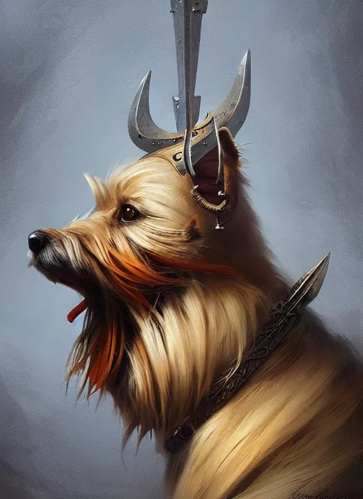 Prompt: norwich terrier as an viking, backround dark, highly detailed, digital illustration, trending in artstation, modern painting, smooth, sharp focus, intricate, by peter mohrbacher