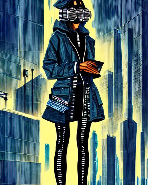 Image similar to cypherpunk fashion illustration, camera face, city street background with high tall buildings, abstract portrait highly detailed, finely detailed