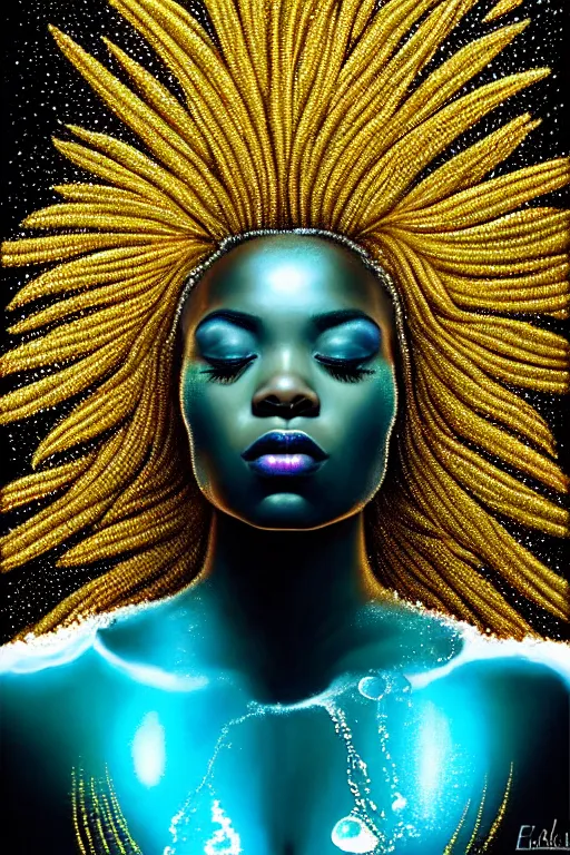 Image similar to hyperrealistic precisionist cinematic profile very expressive! black oshun goddess, in water! up to shoulders, mirror dripping droplet!, gold flowers, highly detailed face, digital art masterpiece, smooth eric zener cam de leon, dramatic pearlescent turquoise light on one side, low angle uhd 8 k, shallow depth of field