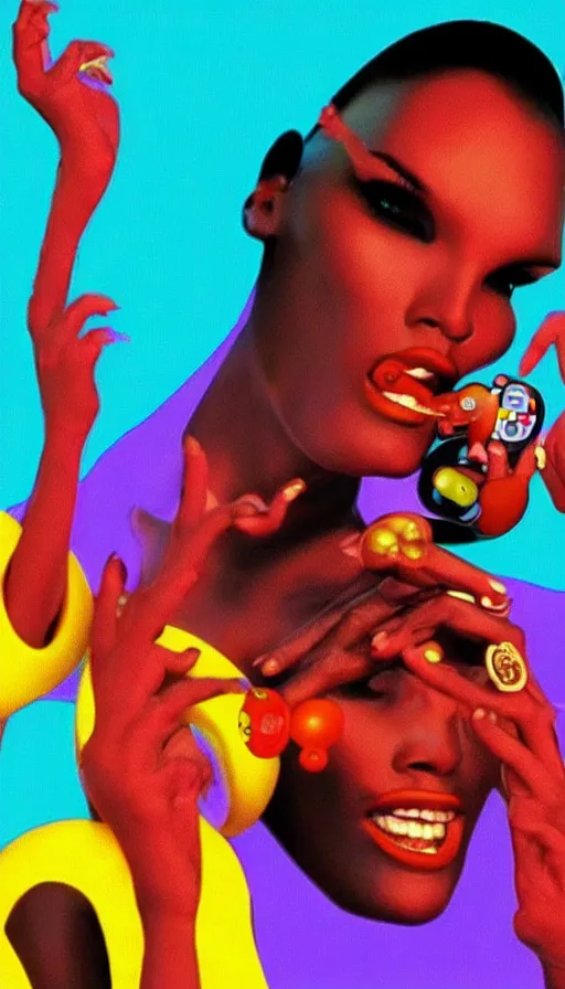 Image similar to beautiful still from retro snes arcade game featuring grace jones feeding her bioenhanced tamagotchi child, hyperreal detailed facial features and uv lighting, retro nintendo bitmap pixel art