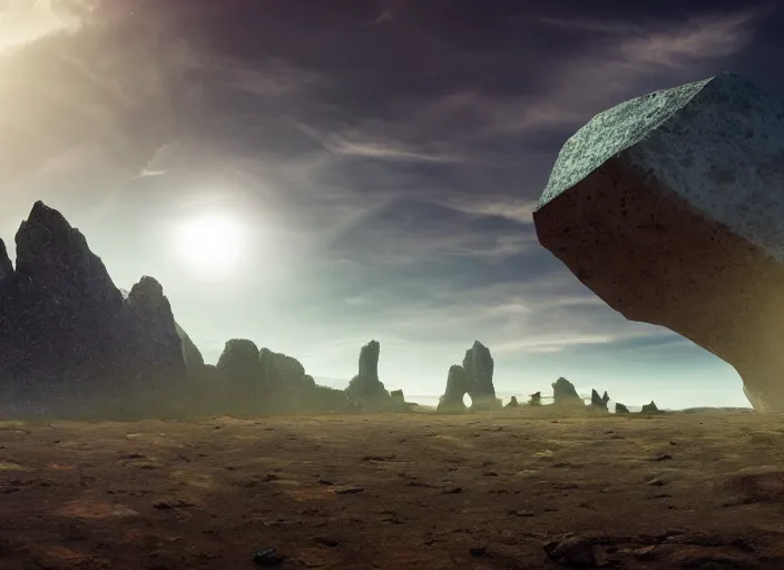 Prompt: giant interdimensional rock creatures enter the distant horizon, a vast landscape, awe inspiring, wide angle, cinematographic photo