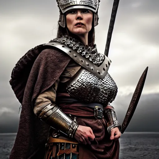 Prompt: Photo of a majestic fierce viking woman wearing a viking helmet, metal armor made of chainmail, leader, fear, awe, highly detailed, viking attire, cinematic, 8k, 1080s, by Stanley Artgermm, Tom Bagshaw, Greg Rutkowski, Vincent di Fate, Carne Griffiths, Ayami Kojima, trending on DeviantArt, hyper detailed, full of color, digital art,