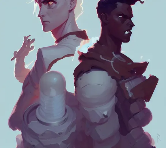 Prompt: portrait jayce and viktor, arcane, by atey ghailan, by greg rutkowski, by greg tocchini, by james gilleard, by joe fenton, by kaethe butcher, dynamic lighting, gradient light blue, brown, blonde cream and white color scheme, grunge aesthetic