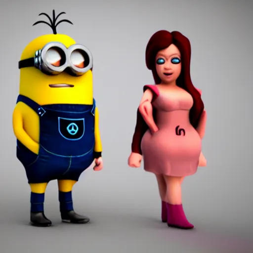 Prompt: a 3 d design of a minion and miss fortune, characte design, blender 3 d, sketchfab top rated, high poly