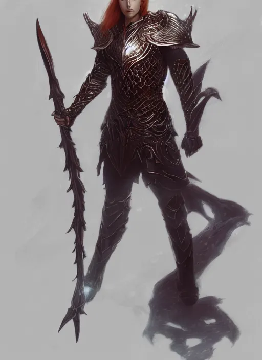 Image similar to Half-body portrait an elven red-haired prince in a dragon scale armour and a spear. In style of Hyung-tae Kim and Greg Rutkowski, concept art, trending on ArtStation, Korean MMORPG, over-detailed art, 8K, epic, dynamic lightning, dramatic pose.