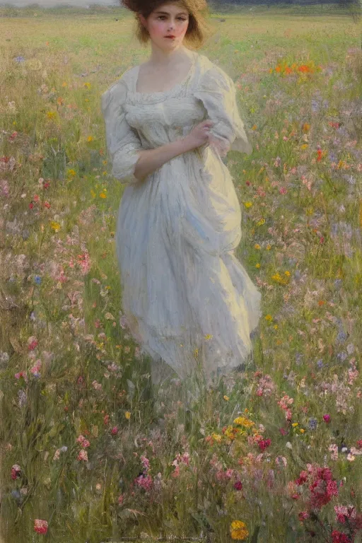 Prompt: Richard Schmid and Jeremy Lipking full length portrait painting of a young beautiful edwardian girl walking through a field of tall flowers