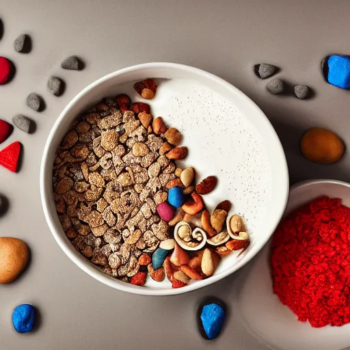 Prompt: giant bowl of cereal and milk, with stones and rocks in the milk.